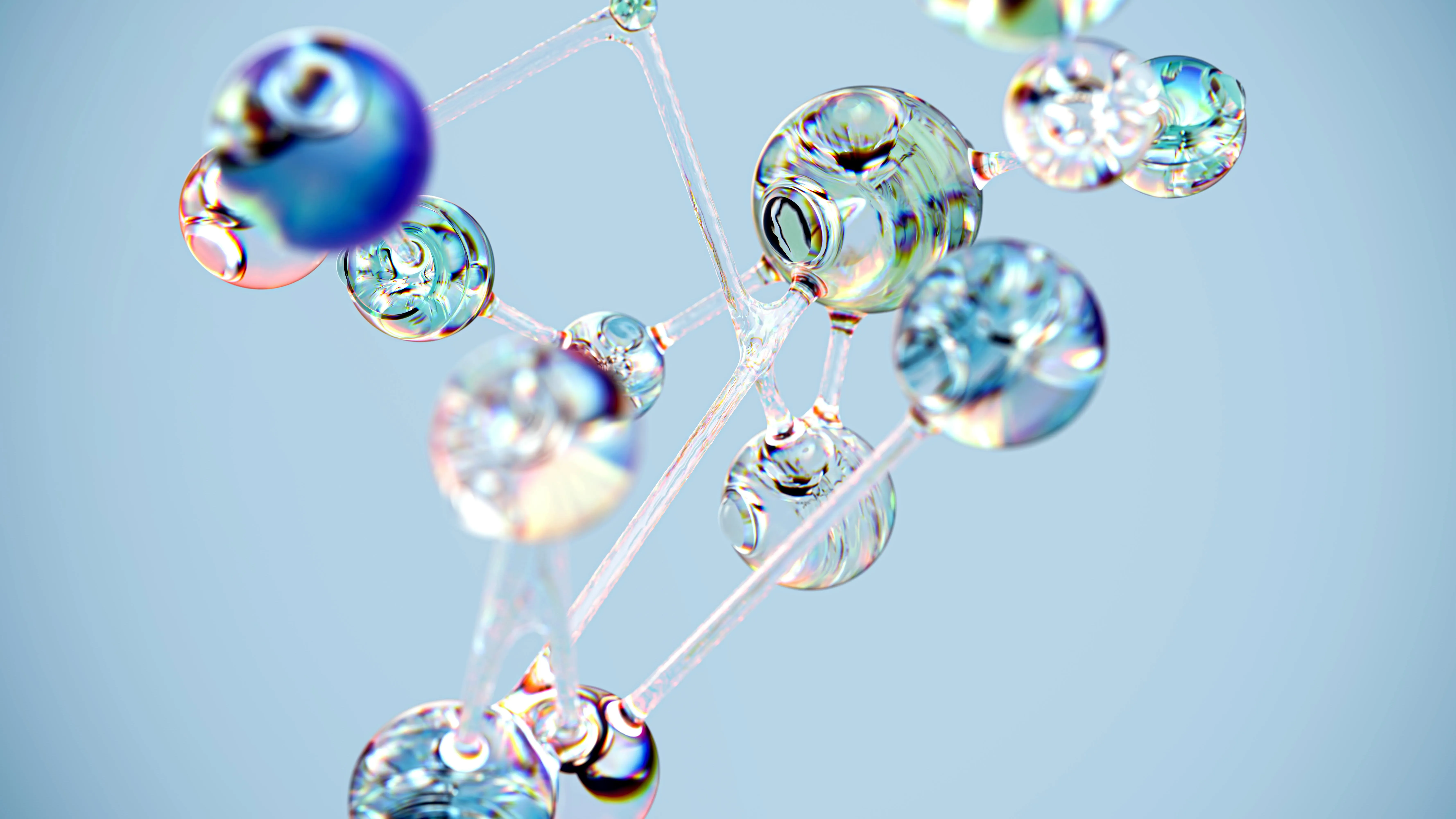 An artist's 3D render of glass spheres with thin glass rods connecting them